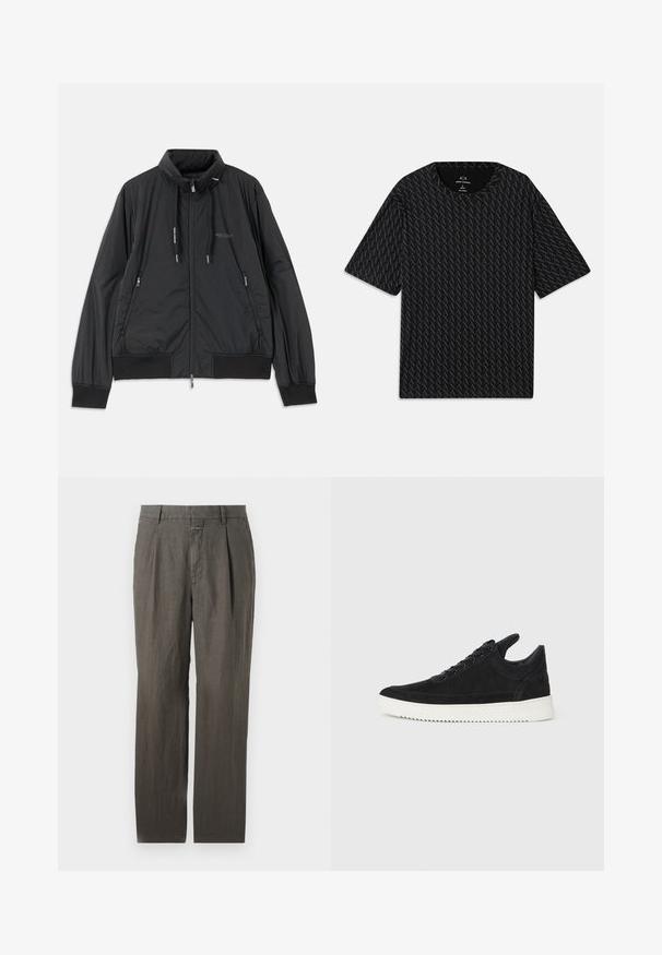 Crna lagana jakna na zip s visokom kragnom, bočnim dzepovima na zip, vezicama, rebrastim manžetama i logom Armani Exchange na prsima.; Crna majica s kratkim rukavima koja sadrži teksturirani uzorak izmjeničnih 'A' logotipa i okrugli izrez. Napravljena od laganog materijala.; Sive lanene hlače sa ravnim nogavicama, s prednjim nabora i pojasom sa diskretnim kopčanjem na gumb. Glatka tekstura.; Crne nubuk tenisice s bijelim gumenim potplatom, s toniranim šavovima i dizajnom vezanja. Glatka tekstura s modernim, strujnim oblikom.