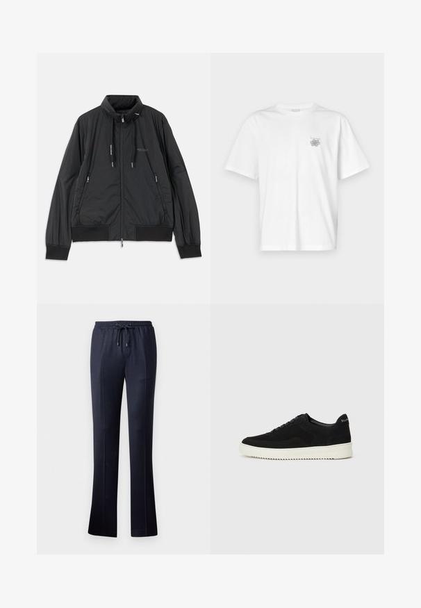 Zwarte lichtgewicht zip-up jack met opstaande kraag, ritszakken aan de zijkant, trekkoorden, geribbelde manchetten en het Armani Exchange-logo op de borst.; Witte t-shirt van katoen met korte mouwen, een ronde hals, en een klein grijs logo op de linker borstzijde. Soepele textuur.; Navy wijde broek gemaakt van zachte stof met een elastische tailleband en koord. Heeft een soepele textuur en geen zichtbare patronen.; Zwarte suède sneakers met vetersluiting en contrasterende witte rubberen zool. Voorzien van textuurpanelen aan de zijkanten en subtiele branding op de hiel.