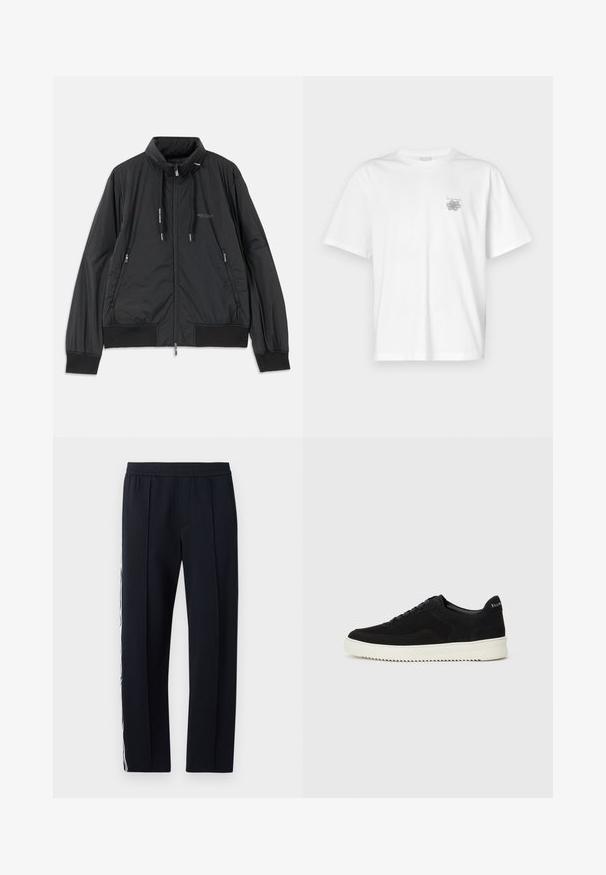 Fekete, könnyű, cipzáras dzseki álló gallérral, cipzáras oldalsó zsebekkel, húzózsinórral, bordázott mandzsettákkal és Armani Exchange logóval a mellkason.; Fehér pamut póló rövid ujjakkal, kerek nyakkal, és egy kis szürke logóval a bal mellrészen. Sima tapintású.; Fekete, fazonra szabott nadrág rugalmas derékkal, két oldalzsebbel és fehér csíkkal az oldalán. Simaság jellemzi.; Fekete velúr sportcipő fűzős dizájnnal és kontrasztos fehér gumitalppal. Jellemzői a textúrázott oldalpanelek és a diszkrét logó a sarokon.