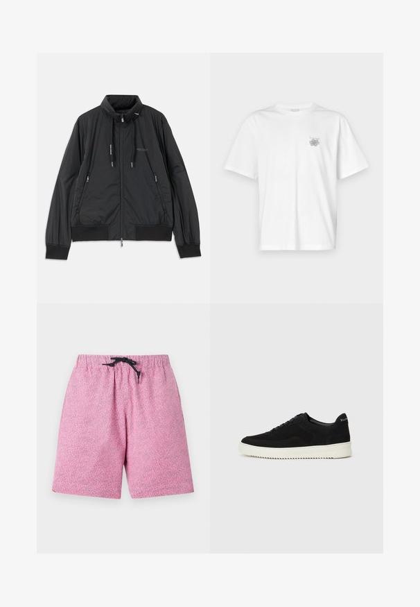 Veste légère noire zippée avec col montant, poches latérales zippées, cordons de serrage, poignets côtelés et logo Armani Exchange sur la poitrine.; T-shirt blanc en coton avec des manches courtes, un col ras du cou et un petit logo gris sur la partie gauche de la poitrine. Texture lisse.; Shorts de bain roses à motifs avec une taille élastique et un cordon noir. Le matériau semble léger avec une surface texturée.; Baskets en daim noir avec un design à lacets et une semelle en caoutchouc blanc contrastant. Comprend des panneaux latéraux texturés et un logo subtil sur le talon.