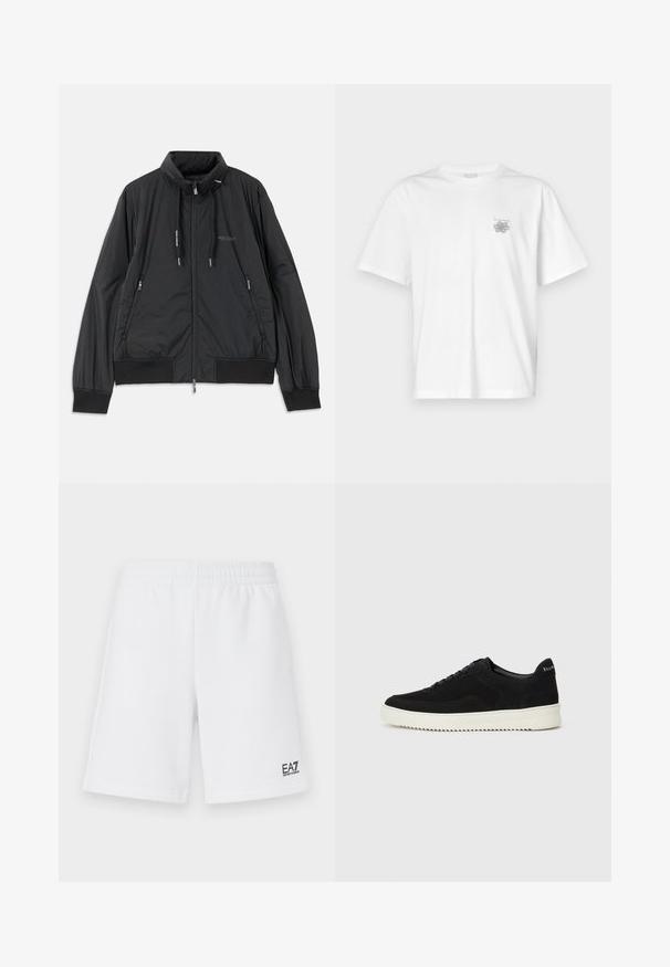 Svart lett zip-up jakke med ståkrage, glidelåslommer på sidene, snorer, ribbestrikkede mansjetter og Armani Exchange-logo på brystet.; Hvit T-skjorte laget av bomull, med korte ermer, rund hals og en liten grå logo på venstre brystområde. Smooth tekstur.; Hvite treningsshorts laget av myk stoff, med elastisk livlinning og en liten svart EA7-logo på nedre venstre ben.; Svart semsket sneakers med snøring og kontrasterende hvit gummisåle. Har teksturerte sidepaneler og subtil merkevare på hælen.