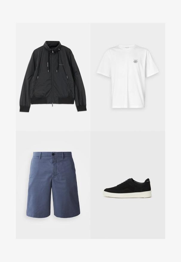 Mustmust mustrikk zip-up jakk, millel on seisev krae, tõmbluku külgtaskud, nöörid, soonikutega varrukad ning Armani Exchange logo rinnal.; Valge puuvillane T-särk lühikeste varrukatega, ümmarguse kaelusega ja väike hall logo vasakul rinnaosal. Sile tekstuur.; Tumesinised puuvillased lühikesed püksid, millel on lame eesmine osa, ühe nupu kinnitamine, kaks küljetaskut ja sirge jala lõige. Sile tekstuur, mingit nähtavat mustrit ei ole.; Mustad suede jooksujalatsid, millel on paelad ja kontrastne valge kummitald. Omab tekstuuriga külgpaneele ja tagasihoidlikku brändimist kandadel.