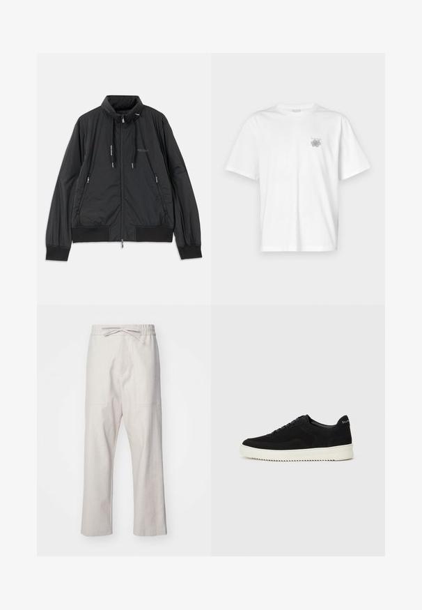 Juodas lengvas zip-up džemperis su stovinčiu apykakle, užtrauktukais šoninėse kišenėse, įveržimais, raibotu rankogaliu ir Armani Exchange logotipu ant krūtinės.; Balta medvilninė marškinėlių, su trumpomis rankovėmis, apykaklė nei per aukšta, nei per žema, ir mažas pilkas logotipas kairėje krūtinės pusėje. Lygi tekstūra.; Šviesiai bežinės lino kelnės su elastinga juosta ir raišteliu bei dviem priekinėmis kišenėmis. Tiesios kojos dizainas.; Juodos veliūrinės sportinės bateliai su raištelių dizainu ir kontrastinga balta gumine padais. Yra tekstūruoti šoniniai skydeliai ir subtilus logotipas ant kulno.