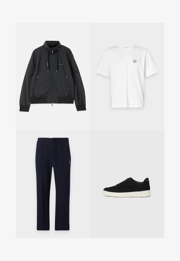 Casaco leve preto com fecho frontal e gola alta, bolsos laterais com fecho, cordões, punhos canelados e logótipo da Armani Exchange no peito.; Camisa branca de algodão com mangas curtas, gola redonda e um pequeno logótipo cinza na área do peito esquerdo. Textura suave.; Calças azul-marinho com um corte relaxado, apresentando uma cintura com cordão e bolsos laterais. Tecido suave com pregas frontais subtis e detalhe do logo.; Sapatilhas de camurça pretas com design de atacadores e sola de borracha branca em contraste. Apresenta painéis laterais texturizados e uma marcação discreta no calcanhar.