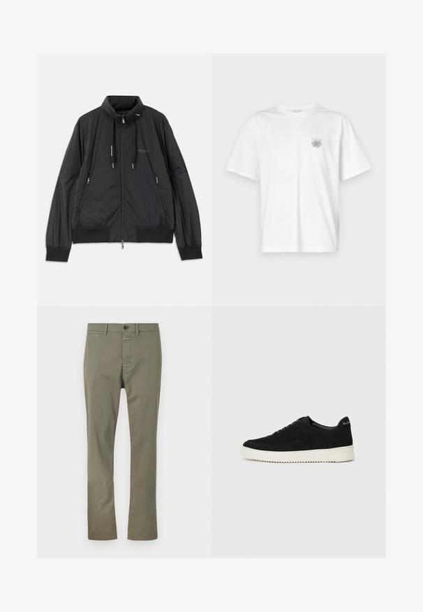 Veste légère noire zippée avec col montant, poches latérales zippées, cordons de serrage, poignets côtelés et logo Armani Exchange sur la poitrine.; T-shirt blanc en coton avec des manches courtes, un col ras du cou et un petit logo gris sur la partie gauche de la poitrine. Texture lisse.; Pantalons vert olive en tissu mélange de coton, avec fermeture éclair, bouton et poches latérales. Conception à jambe droite avec texture lisse.; Baskets en daim noir avec un design à lacets et une semelle en caoutchouc blanc contrastant. Comprend des panneaux latéraux texturés et un logo subtil sur le talon.