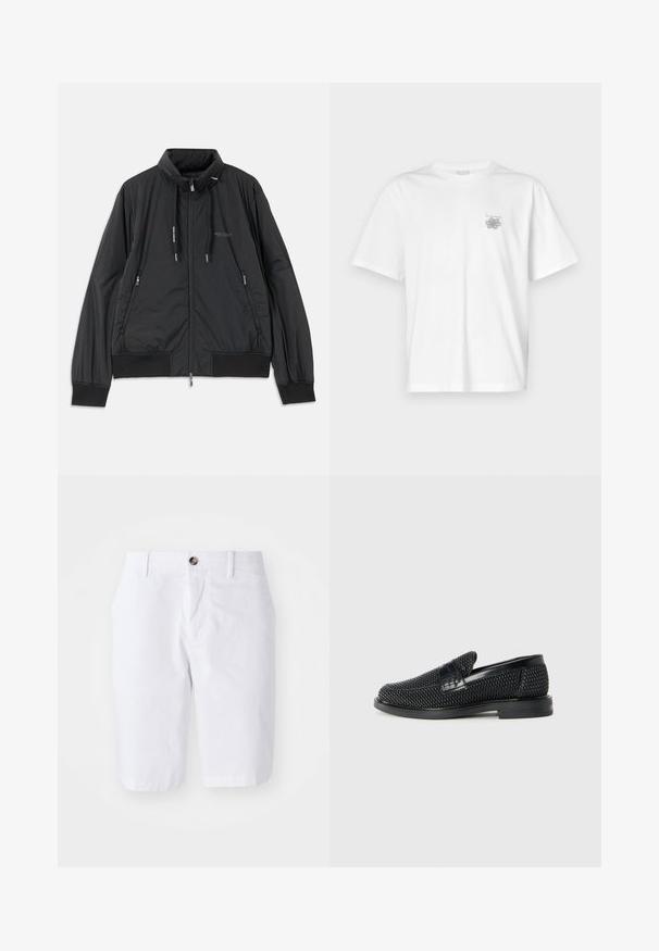 Veste légère noire zippée avec col montant, poches latérales zippées, cordons de serrage, poignets côtelés et logo Armani Exchange sur la poitrine.; T-shirt blanc en coton avec des manches courtes, un col ras du cou et un petit logo gris sur la partie gauche de la poitrine. Texture lisse.; Shorts en coton blanc avec une coupe droite, deux poches avant et une fermeture par bouton unique à la taille. Texture lisse, design à mi-genoux.; Chaussure slip-on tissée noire avec un accent en cuir lisse sur le dessus, un design à bout rond et une semelle en caoutchouc à profil bas.