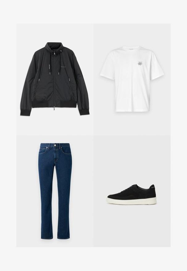 Svart lett zip-up jakke med ståkrage, glidelåslommer på sidene, snorer, ribbestrikkede mansjetter og Armani Exchange-logo på brystet.; Hvit T-skjorte laget av bomull, med korte ermer, rund hals og en liten grå logo på venstre brystområde. Smooth tekstur.; Mørkeblå denimjeans med en slim rette ben-design, klassisk fem-lomme stil og knappelukking i midjen.; Svart semsket sneakers med snøring og kontrasterende hvit gummisåle. Har teksturerte sidepaneler og subtil merkevare på hælen.