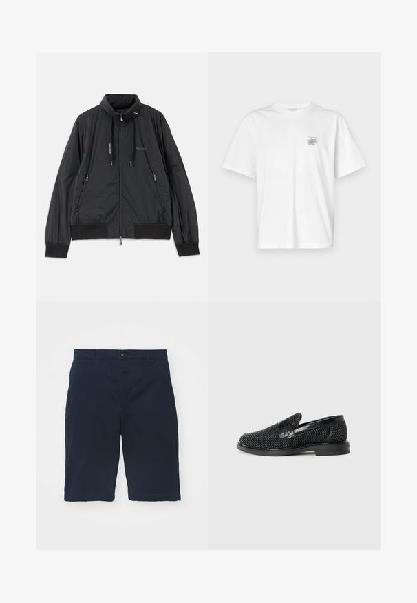 Czarna, lekka kurtka z zamkiem błyskawicznym i stojącym kołnierzem, z zamykanymi kieszeniami po bokach, sznurkami ściągającymi, ściągaczami przy mankietach oraz logo Armani Exchange na klatce piersiowej.; Biała koszulka z bawełny z krótkimi rękawami, okrągłym dekoltem i małym szarym logo po lewej stronie klatki piersiowej. Gładka tekstura.; Granatowe szorty wykonane z bawełny, z płaskim przodem, zapięciem na guziki i bocznymi kieszeniami. Długość do kolan, o gładkiej fakturze i czystych szwach.; Czarny, pleciony but wsuwany z gładkim skórzanym akcentem na cholewce, o okrągłym nosku i niskoprofilowej gumowej podeszwie.