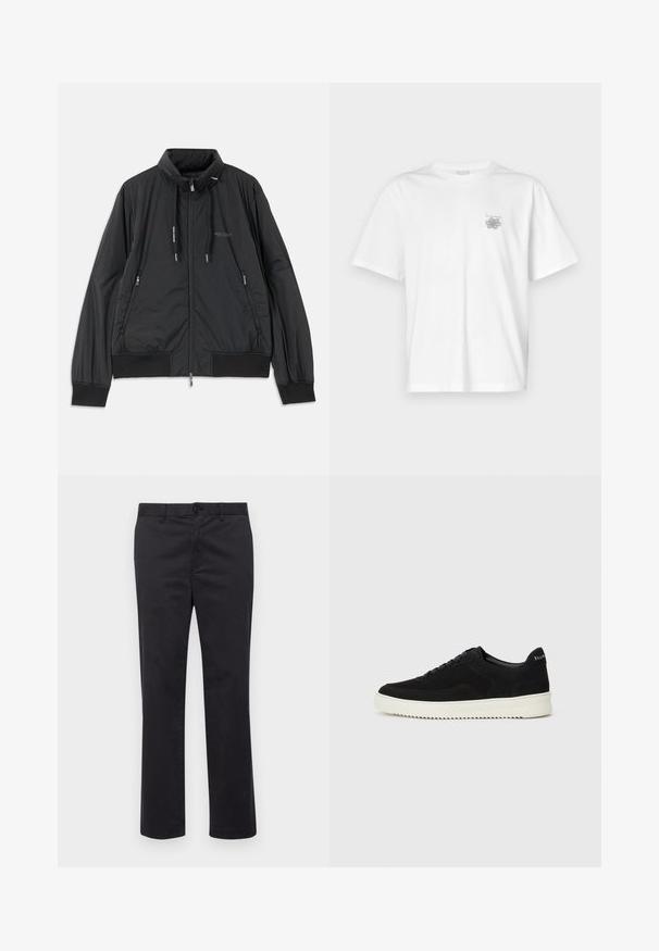 Geacă neagră ușoară cu fermoar, guler înalt, buzunare laterale cu fermoar, șnururi de ajustare, manșete cu rimă și logo-ul Armani Exchange pe piept.; Tricou alb din bumbac, cu mâneci scurte, guler rotund și un mic logo gri în zona stângă a pieptului. Textură netedă.; Pantaloni negri din bumbac cu un design pe picior drept, având închidere cu buton și bucle pentru curea. Textură netedă, fără modele sau accente vizibile.; Adidași negri din suede cu design cu șireturi și talpă din cauciuc alb contrastant. Prezintă panouri laterale texturate și branding subtil pe toc.