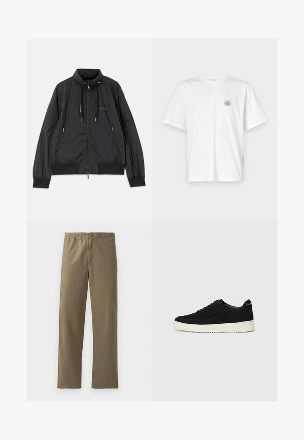 Crna lagana jakna na zip s visokom kragnom, bočnim dzepovima na zip, vezicama, rebrastim manžetama i logom Armani Exchange na prsima.; Bijela majica od pamuka s kratkim rukavima, okruglim izrezom i malim sivim logotipom na lijevoj strani prsnog područja. Glatka tekstura.; Kaki hlače izrađene od lagane tkanine. Imaju elastičnu traku u struku, kopčanje na gumb, ravne nogavice i glatku teksturu.; Crne nubuk tenisice s vezanjem i kontrastnom bijelom gumenom potplatom. Imaju teksturirane bočne panele i suptilno brendiranje na peti.