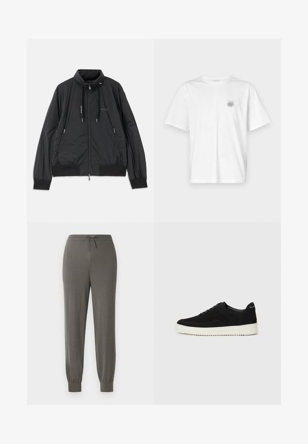 Geacă neagră ușoară cu fermoar, guler înalt, buzunare laterale cu fermoar, șnururi de ajustare, manșete cu rimă și logo-ul Armani Exchange pe piept.; Tricou alb din bumbac, cu mâneci scurte, guler rotund și un mic logo gri în zona stângă a pieptului. Textură netedă.; Pantaloni de jogging gri cu talie reglabilă prin șnur, manșete conice, textură de țesătură moale și un design simplu, minimalist.; Adidași negri din suede cu design cu șireturi și talpă din cauciuc alb contrastant. Prezintă panouri laterale texturate și branding subtil pe toc.
