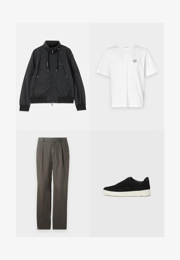 Juodas lengvas zip-up džemperis su stovinčiu apykakle, užtrauktukais šoninėse kišenėse, įveržimais, raibotu rankogaliu ir Armani Exchange logotipu ant krūtinės.; Balta medvilninė marškinėlių, su trumpomis rankovėmis, apykaklė nei per aukšta, nei per žema, ir mažas pilkas logotipas kairėje krūtinės pusėje. Lygi tekstūra.; Pilkos lininės kelnes su tiesiomis kojomis, turinčios priekinės raukšlės ir juosmenį su diskretišku mygtuko uždarymu. Lygi tekstūra.; Juodos veliūrinės sportinės bateliai su raištelių dizainu ir kontrastinga balta gumine padais. Yra tekstūruoti šoniniai skydeliai ir subtilus logotipas ant kulno.