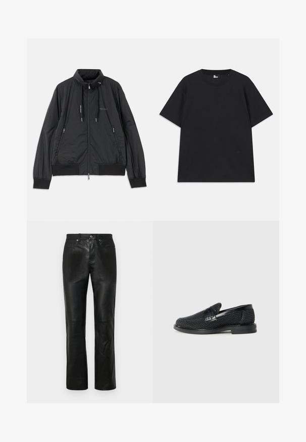 Schwarze, leichte, Reißverschlussjacke mit Stehkragen, Reißverschlusstaschen an den Seiten, Kordelzügen, gerippten Bündchen und Armani Exchange-Logo auf der Brust.; Schwarzes Kurzarm-T-Shirt aus Baumwolle mit rundem Halsausschnitt und einem kleinen Logo-Detail am Saum. Glatte Textur, reguläre Passform.; Schwarze Lederhosen mit geradem Bein, ausgestattet mit einem Knopfverschluss, vier Taschen und glatter Textur. Sichtbare verstärkte Nähte.; Schwarzer geflochtener Slipper mit einem glatten Lederakzent im Obermaterial, einem runden Zehendesign und einer flachen Gummisohle.