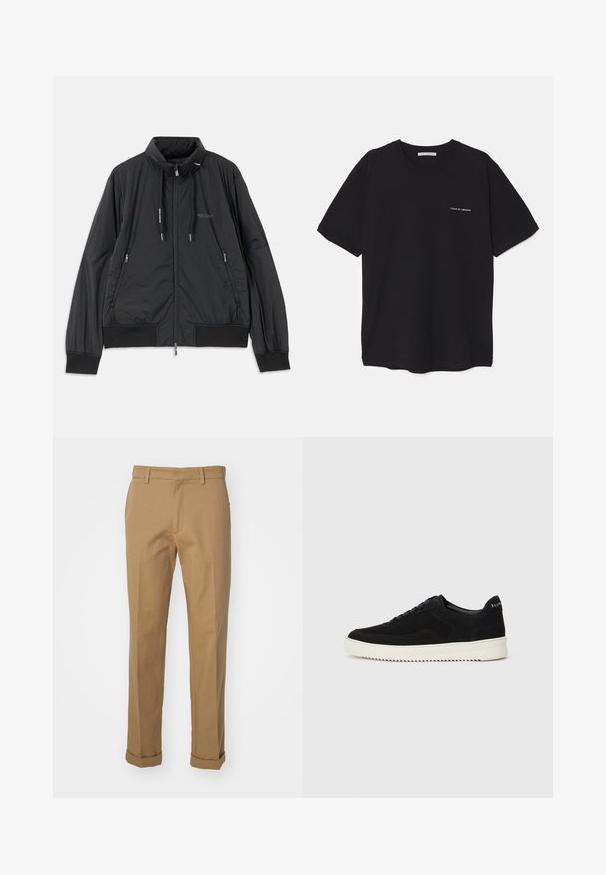 Black lightweight zip-up jacket with stand collar, zippered side pockets, drawstrings, ribbed cuffs, and Armani Exchange logo on chest.; Black cotton T-shirt with a crew neck, short sleeves, and a white logo print on the left chest. Simple, solid color design.; Brown cotton trousers with a straight cut, featuring a rolled hem, two front pockets, and a smooth texture.; Black suede sneaker with lace-up design and contrasting white rubber sole. Features textured side panels and subtle branding on the heel.