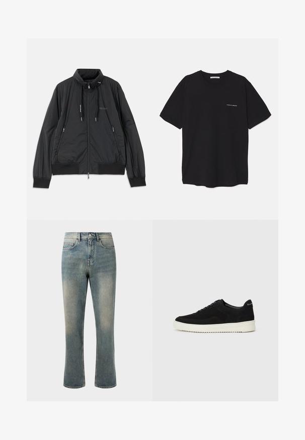 Svart lett zip-up jakke med ståkrage, glidelåslommer på sidene, snorer, ribbestrikkede mansjetter og Armani Exchange-logo på brystet.; Svart bomull T-skjorte med rund hals, korte ermer, og hvit logo trykk på venstre bryst. Enkel, ensfarget design.; Lyseblå denimjeans med rette ben, middels høy midje og subtile falming. Har klassisk lommeutforming og kontraststing.; Svart semsket sneakers med snøring og kontrasterende hvit gummisåle. Har teksturerte sidepaneler og subtil merkevare på hælen.