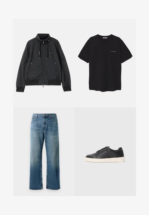 Černá lehká zipová bunda se stojáčkem, bočními kapsami na zip, stahovacími šnůrkami, žebrovanými manžetami a logem Armani Exchange na hrudi.; Černé bavlněné tričko s kulatým výstřihem, krátkými rukávy a bílým logem potisknutým na levé straně hrudi. Jednoduchý, jednobarevný design.; Svetle modré kalhoty s širokými nohavicemi a vybledlým vzhledem, vybavené zapínáním na jeden knoflík, pěti kapsami a kontrastním prošíváním.; Černé kožené tenisky s texturovaným povrchem, kulatou špičkou a plochou bílou gumovou podrážkou. Obsahují černé tkaničky a branding na patě.