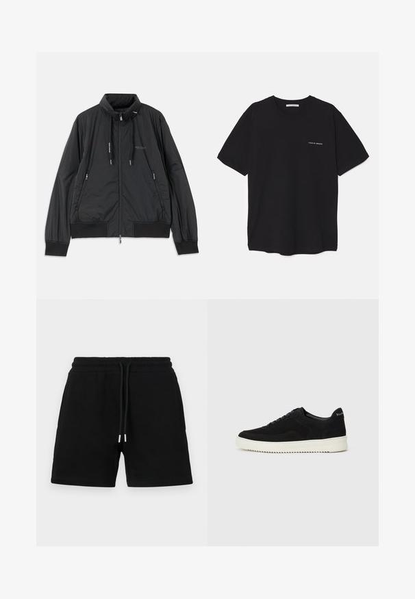 Mustmust mustrikk zip-up jakk, millel on seisev krae, tõmbluku külgtaskud, nöörid, soonikutega varrukad ning Armani Exchange logo rinnal.; Must musta T-särk, ümar kaelus, lühikesed varrukad ja valge logo trükk vasakul rinnal. Lihtne, ühtlane värvitoon.; Mustast puuvillast lühikesed püksid, millel on elastne vöökoht nööriga, küljetaskud ja klassikaline, lõdvestunud istuvus. Sile tekstuur ilma mustriteta.; Mustad suede jooksujalatsid, millel on paelad ja kontrastne valge kummitald. Omab tekstuuriga külgpaneele ja tagasihoidlikku brändimist kandadel.