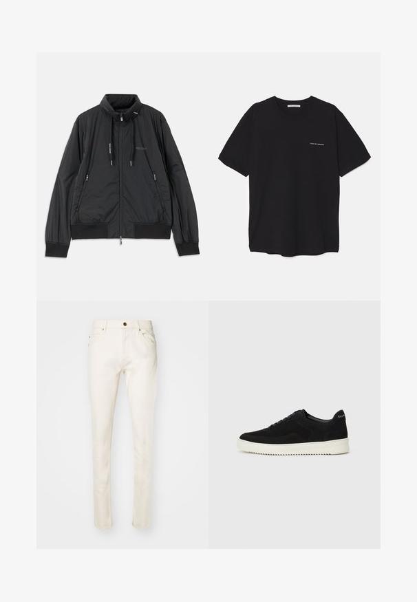 Chaqueta negra ligera con cremallera y cuello alzado, bolsillos laterales con cremallera, cordones, puños de canalé y logo de Armani Exchange en el pecho.; Camiseta de algodón negra con cuello redondo, mangas cortas y un estampado de logo blanco en el lado izquierdo del pecho. Diseño simple y de color sólido.; Vaqueros de algodón beige con un corte ajustado, que cuentan con un botón en la parte delantera, cinco bolsillos y detalles de costura sutiles. Textura suave y pierna ajustada.; Zapatilla de ante negra con diseño de cordones y suela de goma blanca contrastante. Presenta paneles laterales texturizados y un sutil logo en el talón.