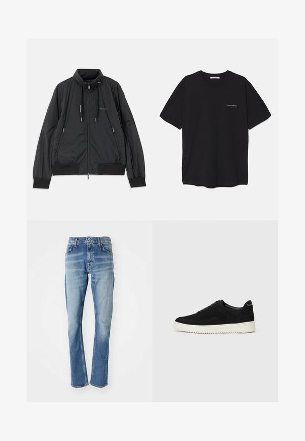 Juodas lengvas zip-up džemperis su stovinčiu apykakle, užtrauktukais šoninėse kišenėse, įveržimais, raibotu rankogaliu ir Armani Exchange logotipu ant krūtinės.; Juoda medvilninė marškinėlė su apykakle, trumpomis rankovėmis ir baltu logotipu kairėje krūtinės pusėje. Paprastas, vientisas spalvų dizainas.; Šviesiai mėlynos džinsinės kelnės su tiesiu pjūviu, turinčios klasikinį penkių kišenių dizainą, kontrastinę siuvinėjimą ir subtilų išblukusį tekstūrą.; Juodos veliūrinės sportinės bateliai su raištelių dizainu ir kontrastinga balta gumine padais. Yra tekstūruoti šoniniai skydeliai ir subtilus logotipas ant kulno.