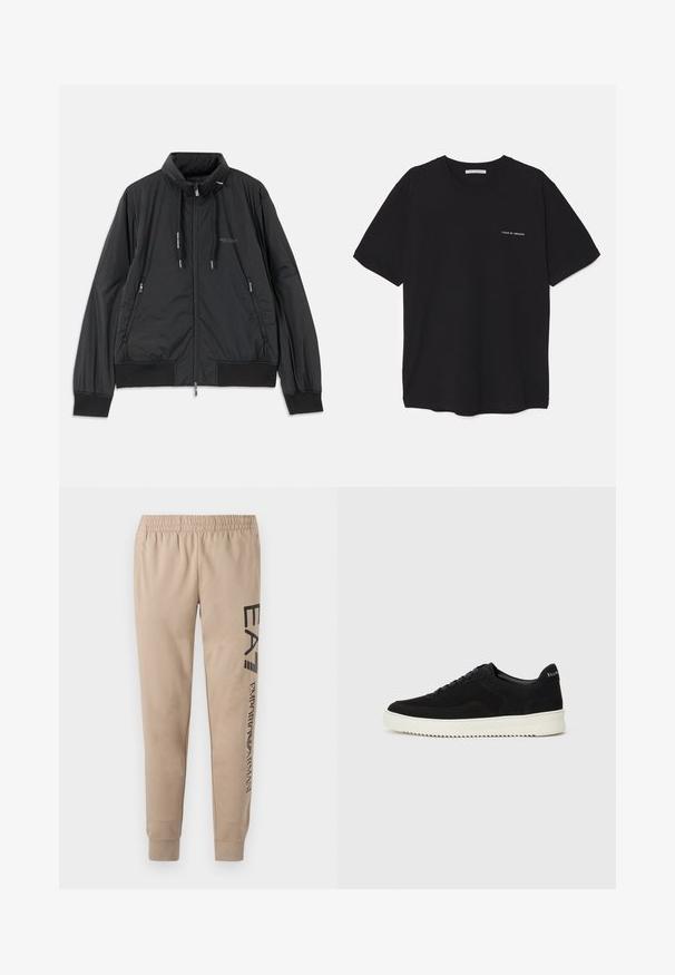 Fekete, könnyű, cipzáras dzseki álló gallérral, cipzáras oldalsó zsebekkel, húzózsinórral, bordázott mandzsettákkal és Armani Exchange logóval a mellkason.; Fekete pamut T-shirt kerek nyakkivágással, rövid ujjakkal, és fehér logónyomattal a bal mellrészen. Egyszerű, egyszínű dizájn.; Beige szabadidőnadrág elasztikus derékpánttal, szűkülő lábszárral és fekete nyomott logóval a bal combon és a vádlin.; Fekete velúr sportcipő fűzős dizájnnal és kontrasztos fehér gumitalppal. Jellemzői a textúrázott oldalpanelek és a diszkrét logó a sarokon.