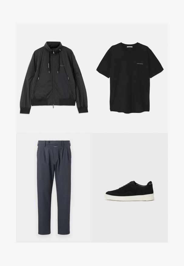 Black lightweight zip-up jacket with stand collar, zippered side pockets, drawstrings, ribbed cuffs, and Armani Exchange logo on chest.; Black cotton T-shirt with a crew neck, short sleeves, and a white logo print on the left chest. Simple, solid color design.; Dark gray trousers featuring a straight-leg design, pleats at the front, and a button closure, made from a smooth, lightweight fabric.; Black suede sneaker with lace-up design and contrasting white rubber sole. Features textured side panels and subtle branding on the heel.