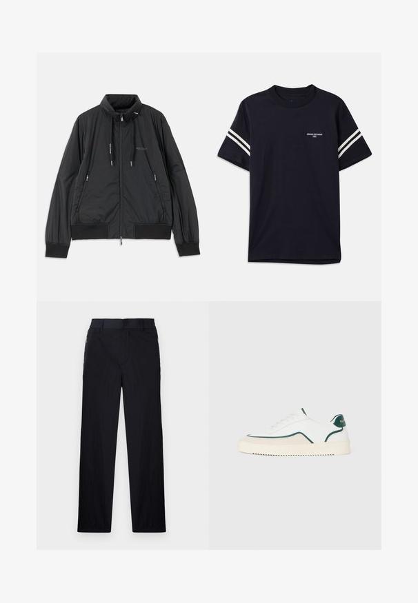 Schwarze, leichte, Reißverschlussjacke mit Stehkragen, Reißverschlusstaschen an den Seiten, Kordelzügen, gerippten Bündchen und Armani Exchange-Logo auf der Brust.; Marineblaue T-Shirt aus Baumwolle, mit Rundhalsausschnitt, kurzen Ärmeln und weißen Streifen an den Schultern, sowie einem aufgedruckten Logo auf der Brust.; Schwarze Hose aus leichtem, strukturiertem Stoff, mit geradem Bein, elastischem Bund und seitlichen Reißverschlusstaschen.; Weiße Low-Top-Sneaker mit grünen Akzenten, beigen Wildlederdetails und einer cremefarbenen Sohle mit gerilltem Boden.