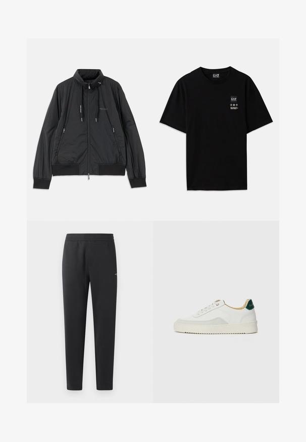 Black lightweight zip-up jacket with stand collar, zippered side pockets, drawstrings, ribbed cuffs, and Armani Exchange logo on chest.; Black cotton t-shirt with short sleeves, a crew neck, and a small logo tag on the front featuring care symbols in white.; Black jogger pants made of soft fabric, featuring an elastic waistband, straight legs, and a single small logo detail on the side.; White sneaker with suede accents, rounded toe, flat laces, and a cream rubber sole. Features green branding on the heel.
