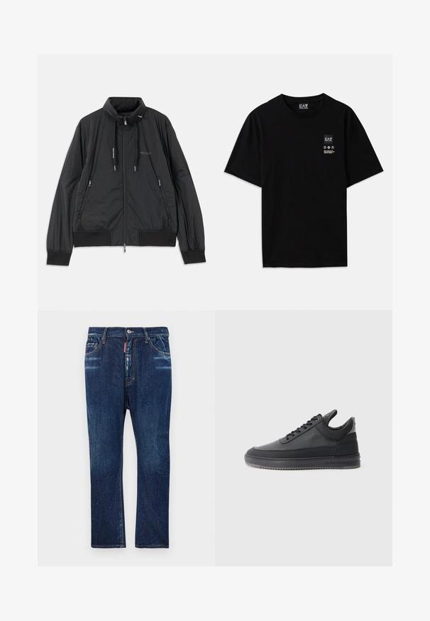 Crna lagana jakna na zip s visokom kragnom, bočnim dzepovima na zip, vezicama, rebrastim manžetama i logom Armani Exchange na prsima.; Crna pamučna majica s kratkim rukavima, okruglim izrezom i malom oznakom logotipa sprijeda koja sadrži simbole za njegu u bijeloj boji.; Tamno plave traperice s ravnim nogavicama, s laganim izbljeđivanjem, žutim šavovima, prednjim džepovima i kopčanjem na dugme.; Crne kožne tenisice s teksturiranom površinom, s vezicama, niskog su kroja i sivoj gumenoj potplati koja ima rebrasti rub.