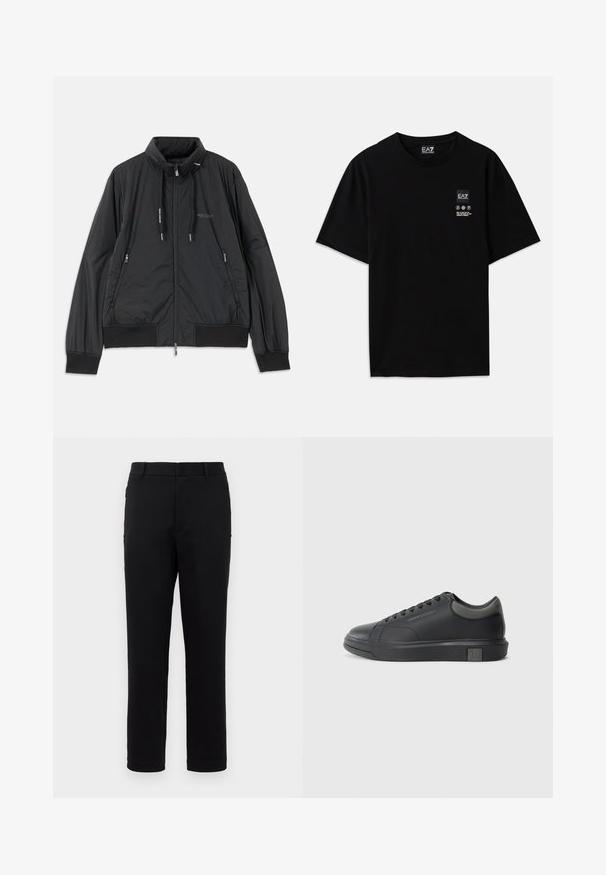 Čierna ľahká zipsová bunda so stojačikom, bočnými zipsovými vreckami, šnúrkami, rebrovanými manžetami a logom Armani Exchange na hrudi.; Čierne bavlnené tričko s krátkymi rukávmi, okrúhlym výstrihom a malou logom na prednej strane, ktorá obsahuje symboly starostlivosti v bielej farbe.; Čierne nohavice s rovnými nohavicami, vyrobené z hladkej tkaniny. Majú stredne vysoký pás a bočné vrecká. Minimalistický štýl bez vzorov.; Čierne kožené tenisky s hladkým povrchom, zaoblenou špičkou a tmavošedými akcentmi. Obsahujú šnurovací dizajn a štruktúrovanú gumovú podrážku.