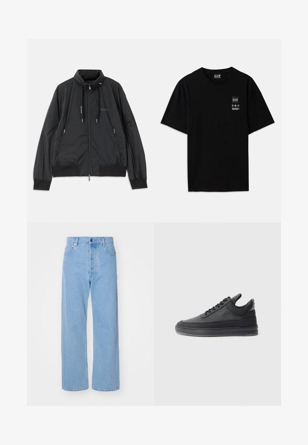 Melna, viegla, ar rāvējslēdzēju aizdara jaka ar stāvošu apkakli, rāvējslēdzēja sānu kabatām, sašaurinājuma auklām, ribota apakšmala piedurknēm un Armani Exchange logotipu uz krūšu.; Melnas kokvilnas T-krekls ar īsām piedurknēm, apaļo kakla izgriezumu un nelielu logotipa birku priekšpusē ar baltiem apzīmējumiem par kopšanu.; Gaiši zili džinsi ar platu kāju griezumu, augstu jostasvietu, piecām kabatām, priekšējo pogu aizdari un minimālistisku dizainu.; Melnas ādas sporta kurpes ar teksturētu virsmu, ar saistēm, zema augstuma un pelēku gumijas zoli ar rievojumu malu.