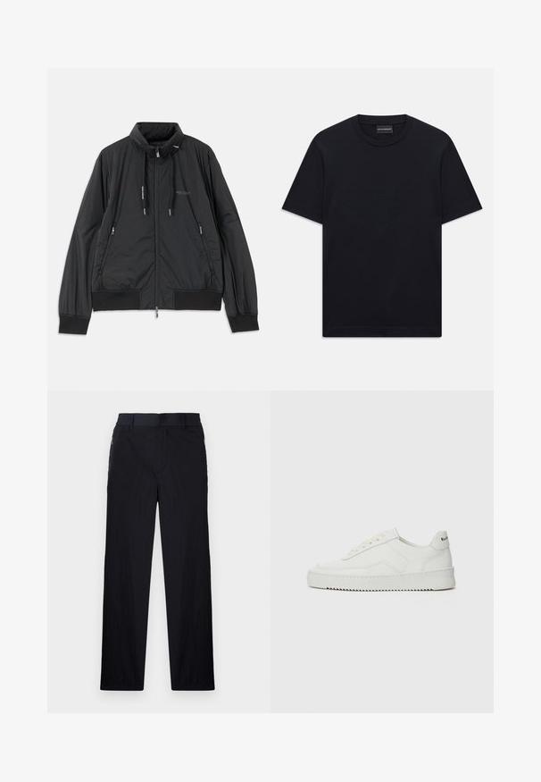 Svart lett zip-up jakke med ståkrage, glidelåslommer på sidene, snorer, ribbestrikkede mansjetter og Armani Exchange-logo på brystet.; Svart kortermet T-skjorte med rund hals og subtil preget logo-design sentrert på brystet, samt et merke inne i halsen.; Sorte bukser med lett og teksturert stoff, rett ben-design, elastisk midjebånd og sidelommer med glidelås.; Hvite lærersneakers med en jevn overflate, rund tå, flate lisser og en teksturert såle. Har en subtil logo på hælen.
