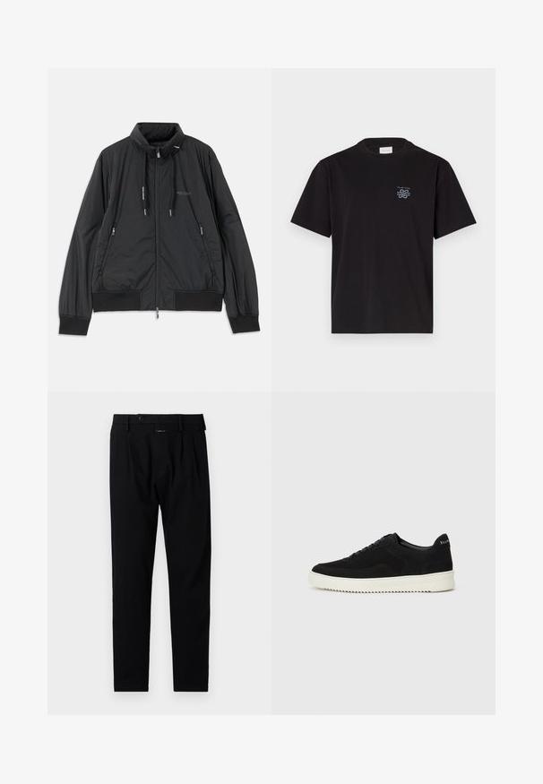 Veste légère noire zippée avec col montant, poches latérales zippées, cordons de serrage, poignets côtelés et logo Armani Exchange sur la poitrine.; T-shirt en coton noir avec un col rond et des manches courtes. Présente un petit logo bleu sur la poitrine gauche. Design simple et droit.; Pantalon noir à coupe ajustée, présentant un devant plat, des plis simples et une fermeture à bouton. Fabriqué en tissu lisse, adapté pour des tenues formelles.; Baskets en daim noir avec un design à lacets et une semelle en caoutchouc blanc contrastant. Comprend des panneaux latéraux texturés et un logo subtil sur le talon.