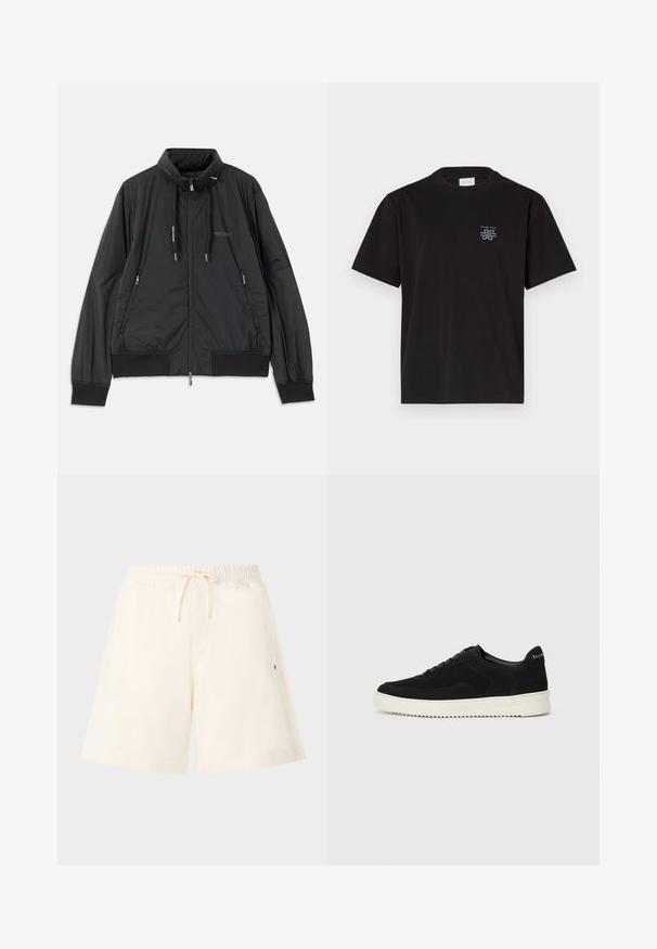 Veste légère noire zippée avec col montant, poches latérales zippées, cordons de serrage, poignets côtelés et logo Armani Exchange sur la poitrine.; T-shirt en coton noir avec un col rond et des manches courtes. Présente un petit logo bleu sur la poitrine gauche. Design simple et droit.; Shorts couleur crème en tissu doux, dotés d'une taille élastique avec cordon de serrage, de poches latérales et d'une coupe décontractée.; Baskets en daim noir avec un design à lacets et une semelle en caoutchouc blanc contrastant. Comprend des panneaux latéraux texturés et un logo subtil sur le talon.