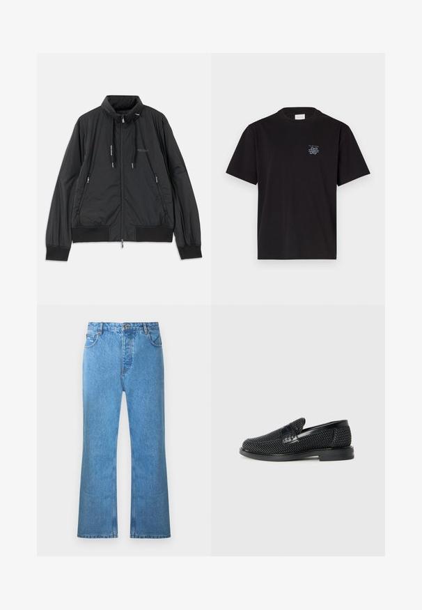 Mustmust mustrikk zip-up jakk, millel on seisev krae, tõmbluku külgtaskud, nöörid, soonikutega varrukad ning Armani Exchange logo rinnal.; Must mustaga T-särk, millel on ümar kaelus ja lühikesed varrukad. Vasakul rinnal on väike sinine logo. Lihtne, sirge lõikega disain.; Hele sinised teksad kõrge vöökohaga, lehvikuks laienevate sääreosadega, viie taskuga ja peene pleekimisega. Omavad õmblusdetailidega aktsente ja nööpidega kinnitust.; Must musta kootud slip-on king, millel on pehme nahast accent ülaserval, ümmargune varvas ja madal profiiliga kummitald.