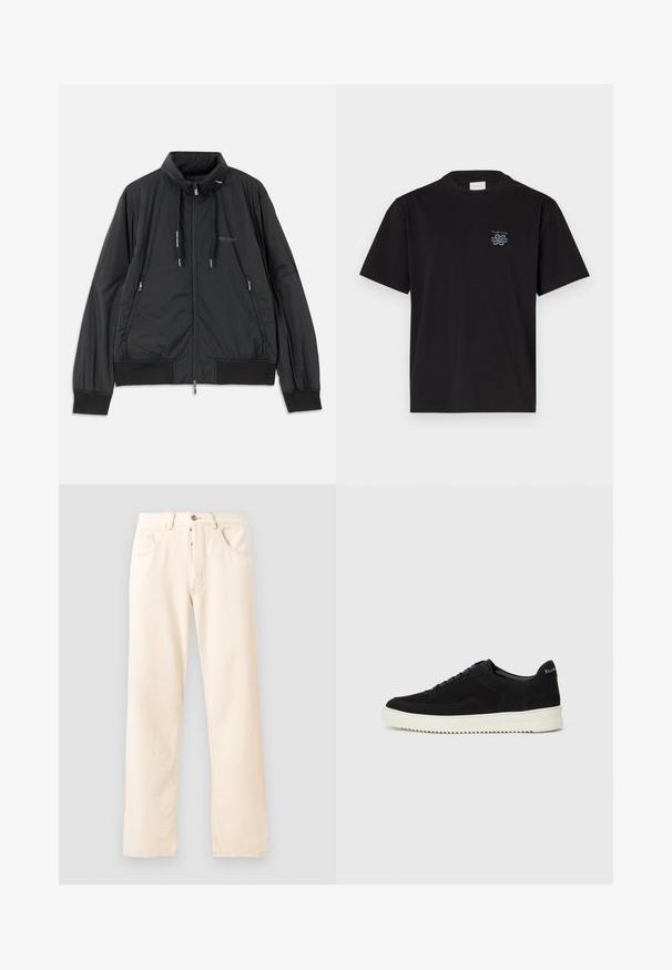 Svart lättvikts zip-jacka med ståkrage, dragkedjefickor i sidan, dragsko, ribbade ärmmuddar och Armani Exchange-logotyp på bröstet.; Svart bomullströja med rund hals och korta ärmar. Har en liten blå logotyp på vänster bröst. Enkel, rak design.; Ljusbeiga denimjeans med rak bendesign, fem fickor och knappstängning fram. Sömmen syns längs med sömmarna.; Svarta mockaskor med snörningsdesign och kontrasterande vita gummisulor. Har texturerade sidopaneler och diskret branding på hälen.