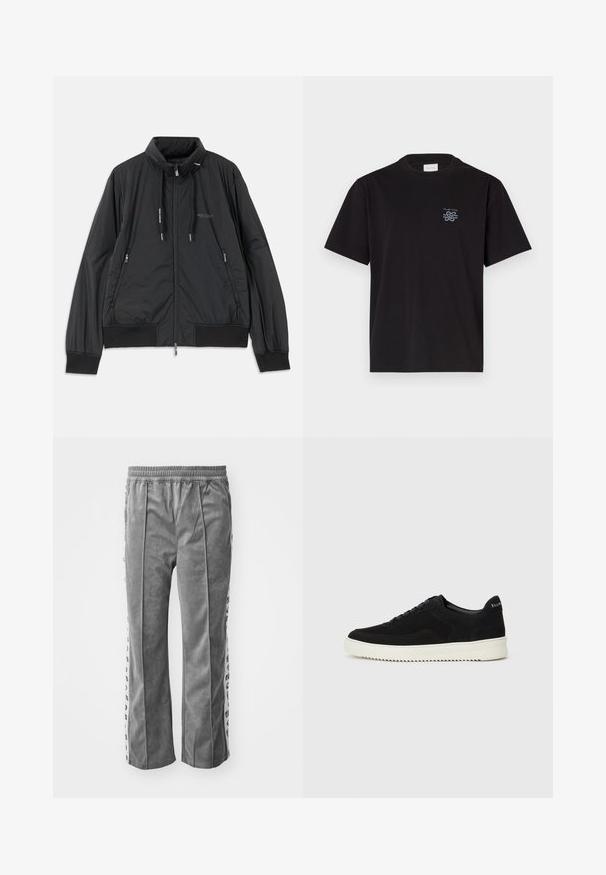 Geacă neagră ușoară cu fermoar, guler înalt, buzunare laterale cu fermoar, șnururi de ajustare, manșete cu rimă și logo-ul Armani Exchange pe piept.; Tricou din bumbac negru cu guler rotund și mâneci scurte. Prezintă un mic logo albastru pe partea stângă a pieptului. Design simplu, cu tăietură dreaptă.; Pantaloni gri din velur, cu un tiv elastic, având dungi laterale cu imprimeuri grafice. Design cu picioare largi, textură netedă și fără buzunare.; Adidași negri din suede cu design cu șireturi și talpă din cauciuc alb contrastant. Prezintă panouri laterale texturate și branding subtil pe toc.