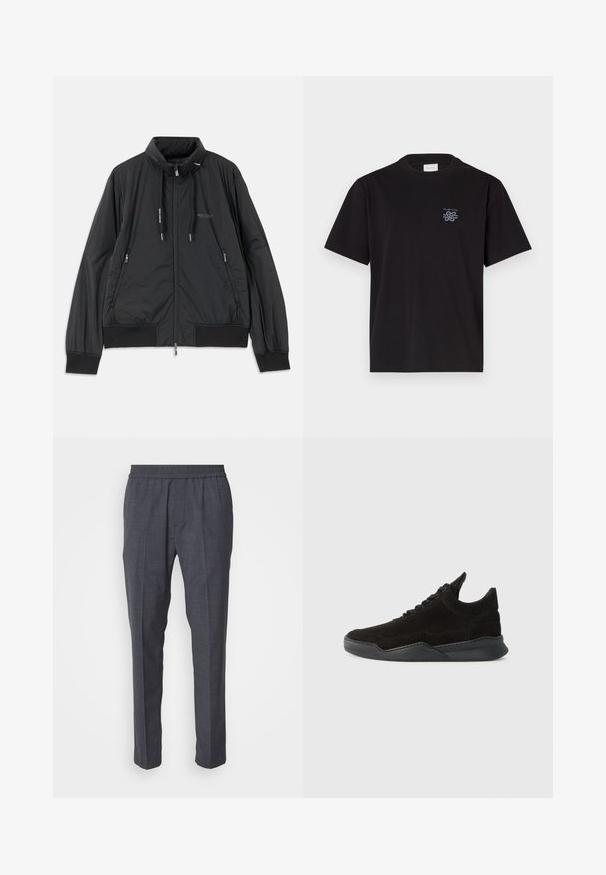 Sort letvægts zip-up jakke med standkrave, lynlåslommer på siden, snore, ribbede manchetter og Armani Exchange-logo på brystet.; Sort bomulds t-shirt med rund hals og korte ærmer. Har et lille blåt logo på venstre bryst. Simpel, lige snit design.; Iceberg PANTALONE - Bukser - piombo; Sort ruskinds sneakers med lav profil, tekstureret overdel, flade snørebånd og en solid gummisål med en let hæl og buet design.