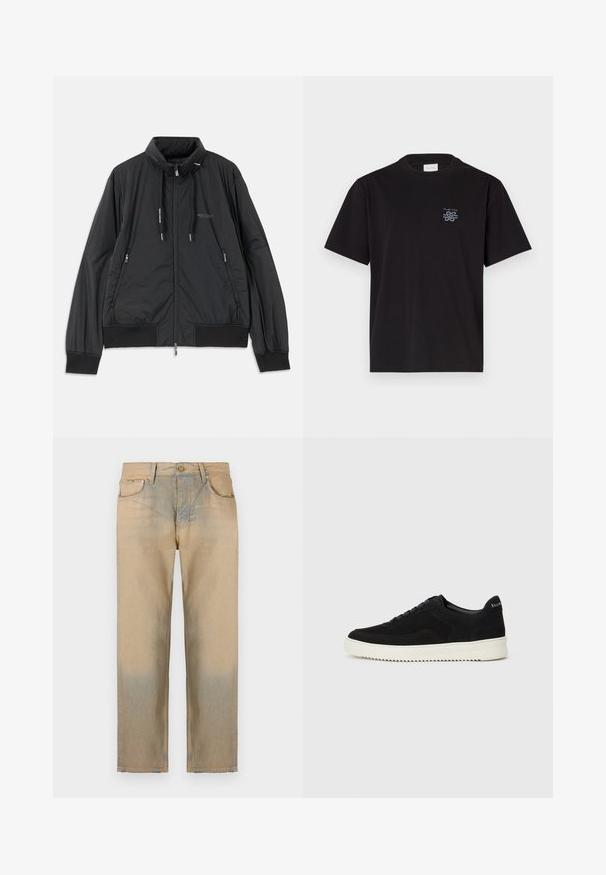 Svart lett zip-up jakke med ståkrage, glidelåslommer på sidene, snorer, ribbestrikkede mansjetter og Armani Exchange-logo på brystet.; Svart bomulls T-skjorte med rund hals og korte ermer. Har en liten blå logo på venstre bryst. Enkel, rettskåret design.; Beige denim jeans med en rett ben design, med en falmet effekt nederst, fem-lomme stil, og knappelukking.; Svart semsket sneakers med snøring og kontrasterende hvit gummisåle. Har teksturerte sidepaneler og subtil merkevare på hælen.