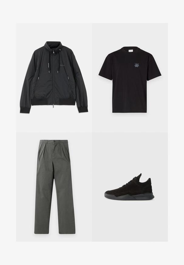 Zwarte lichtgewicht zip-up jack met opstaande kraag, ritszakken aan de zijkant, trekkoorden, geribbelde manchetten en het Armani Exchange-logo op de borst.; Zwarte katoenen T-shirt met een ronde hals en korte mouwen. Heeft een klein blauw logo op de linkerkant van de borst. Eenvoudig, recht gesneden ontwerp.; Lichte, geplooide broek in donkergrijs katoen met een rechte pasvorm. Voorzien van een knoopsluiting aan de voorkant en ceintuurlussen.; Zwarte suède sneaker met een lage profiel, gestructureerde bovenkant, platte veters en een stevige rubberen zool met een lichte hak en gebogen ontwerp.