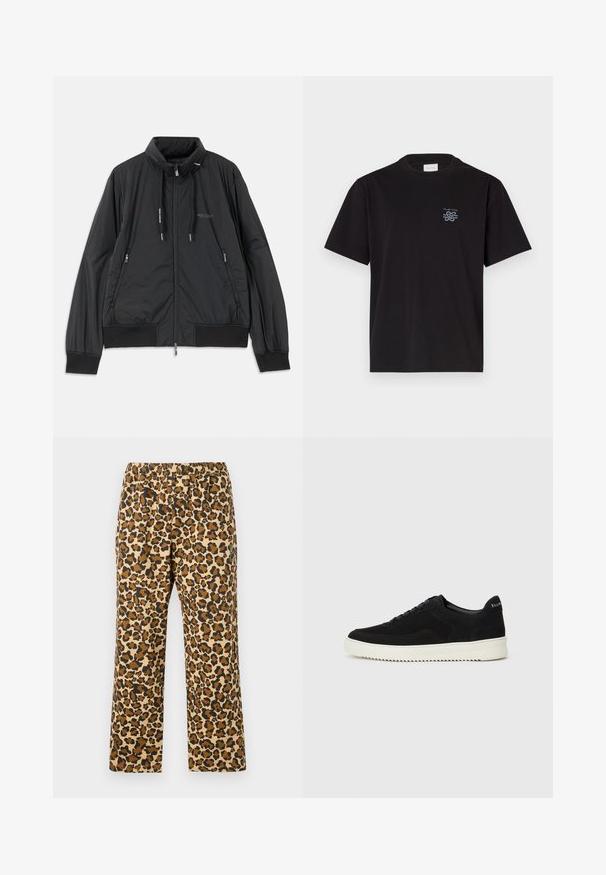 Schwarze, leichte, Reißverschlussjacke mit Stehkragen, Reißverschlusstaschen an den Seiten, Kordelzügen, gerippten Bündchen und Armani Exchange-Logo auf der Brust.; Schwarzes Baumwoll-T-Shirt mit Rundhalsausschnitt und kurzen Ärmeln. Mit einem kleinen blauen Logo auf der linken Brust. Einfaches, gerade geschnittenes Design.; Leopardenmuster-Hose in Beige, Braun und Schwarz. Mit elastischem Bund und lockerer, gerader Passform. Leichter Stoff.; Schwarze Wildleder-Sneaker mit Schnürdesign und kontrastierender weißer Gummisohle. Verfügt über strukturierte Seitenpaneele und dezentes Branding an der Ferse.