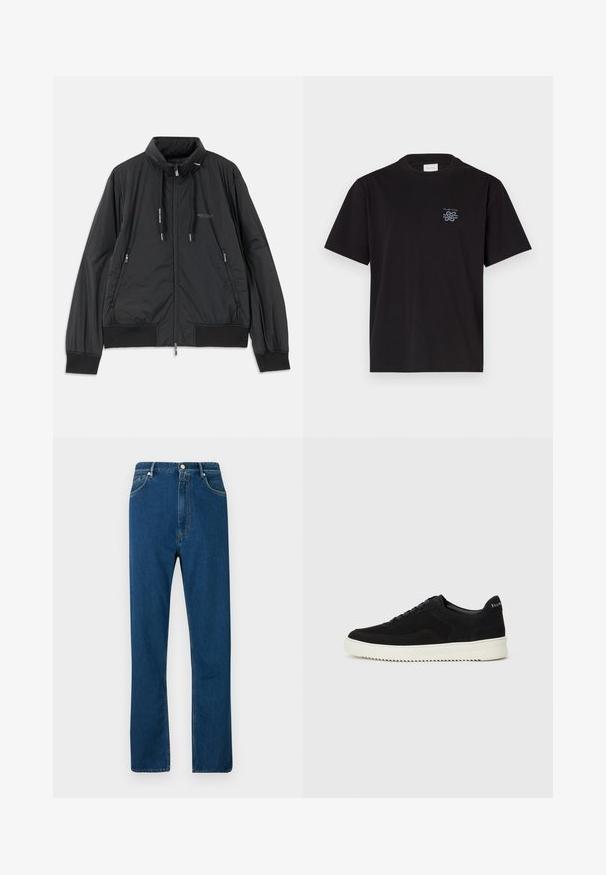 Giacca nera leggera con zip, colletto rialzato, tasche laterali con zip, lacci, polsini a coste e logo Armani Exchange sul petto.; T-shirt in cotone nero con collo rotondo e maniche corte. Presenta un piccolo logo blu sul lato sinistro del petto. Design semplice e dritto.; Jeans in denim blu con vita alta, design a gamba dritta, stile a cinque tasche e cuciture arancioni a contrasto. Texture liscia.; Sneaker in suede nero con design con lacci e suola in gomma bianca a contrasto. Presenta pannelli laterali testurizzati e un marchio discreto sul tallone.