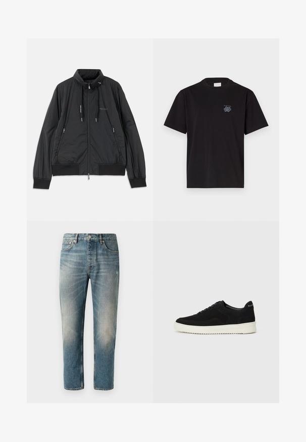 Casaco leve preto com fecho frontal e gola alta, bolsos laterais com fecho, cordões, punhos canelados e logótipo da Armani Exchange no peito.; T-shirt de algodão preto com gola redonda e mangas curtas. Apresenta um pequeno logotipo azul no lado esquerdo do peito. Design simples e reto.; Jeans de denim azul claro com corte straight. Apresenta um fecho de botão, cinco bolsos e áreas sutilmente desbotadas e vincos nas coxas.; Sapatilhas de camurça pretas com design de atacadores e sola de borracha branca em contraste. Apresenta painéis laterais texturizados e uma marcação discreta no calcanhar.