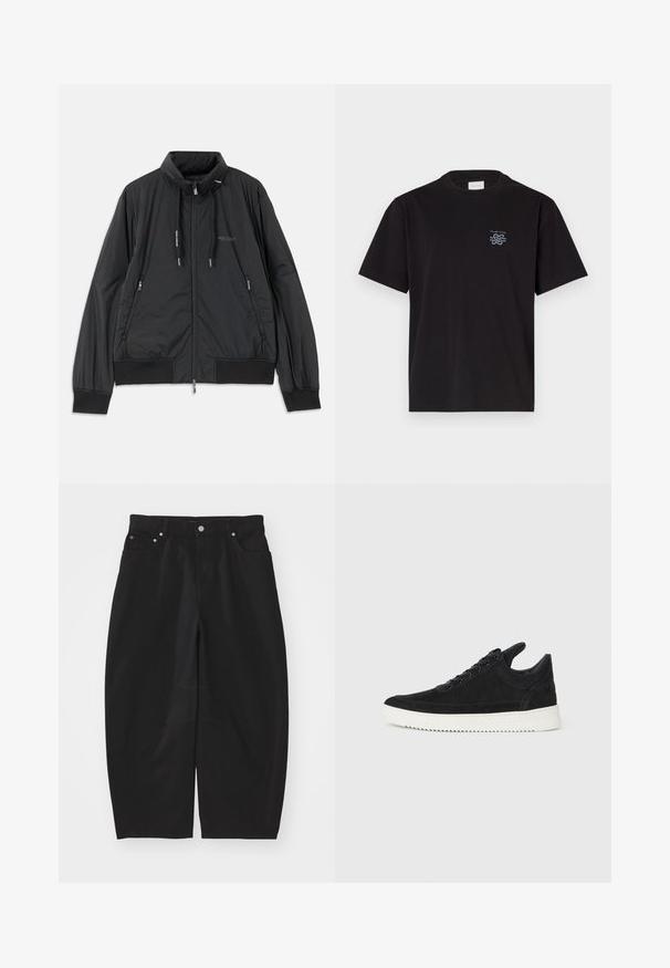 Črn lahek jakna na zadrgo s stojnicnim ovratnikom, zadrgami na strani, vrvicami, rebrastimi manšeti in logotipom Armani Exchange na prsih.; Črna bombažna majica s kratkimi rokavi in kroоровim ovratnikom. Ima majhen modri logotip na levem prsnem delu. Preprost, ravno krojen dizajn.; Helmut Lang COCOON GALLERY - Široke kavbojke - black; Črne semiš športne copate z belo gumijasto podplatom, ki imajo toneče šive in vezalni dizajn. Gladka tekstura z modernim, poenoteno oblikovano silhueto.