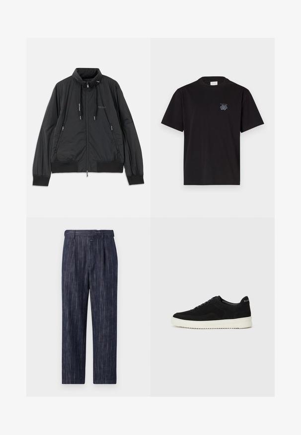 Melna, viegla, ar rāvējslēdzēju aizdara jaka ar stāvošu apkakli, rāvējslēdzēja sānu kabatām, sašaurinājuma auklām, ribota apakšmala piedurknēm un Armani Exchange logotipu uz krūšu.; Melna kokvilnas T-kreklu ar apaļu kaklu un īsām piedurknēm. Saturs mazu zilu logotipu kreisajā krūtī. Vienkāršs, taisns griezums.; Jūras spēku striķi bikses ar augsto vidukli, krokotu priekšpusi un taisnu kāju. Izgatavotas no viegla auduma ar smalku faktūru.; Melnas zamšas kedas ar auklām un kontrastējošu baltu gumijas zoli. Iekļauj teksturētas sānu panēles un diskretu zīmolu uz papēža.