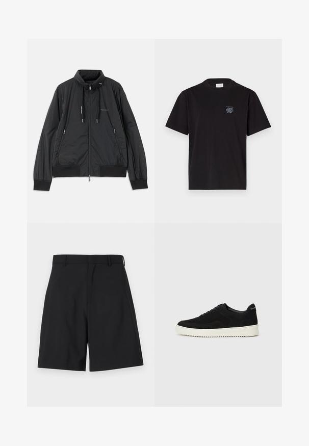 Veste légère noire zippée avec col montant, poches latérales zippées, cordons de serrage, poignets côtelés et logo Armani Exchange sur la poitrine.; T-shirt en coton noir avec un col rond et des manches courtes. Présente un petit logo bleu sur la poitrine gauche. Design simple et droit.; Shorts noirs en tissu lisse avec un design ajusté, présentant un devant plat et deux poches latérales, ainsi qu'une taille régulière.; Baskets en daim noir avec un design à lacets et une semelle en caoutchouc blanc contrastant. Comprend des panneaux latéraux texturés et un logo subtil sur le talon.