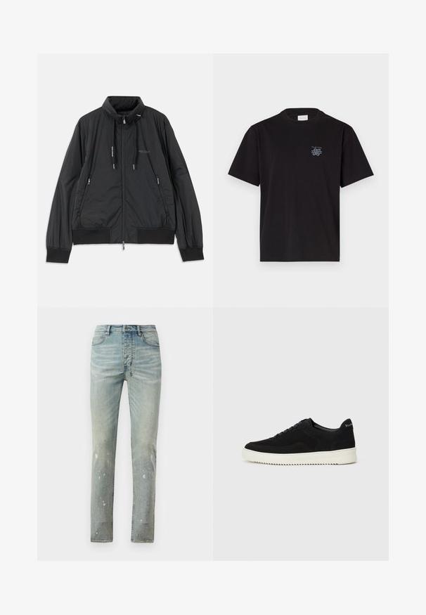 Geacă neagră ușoară cu fermoar, guler înalt, buzunare laterale cu fermoar, șnururi de ajustare, manșete cu rimă și logo-ul Armani Exchange pe piept.; Tricou din bumbac negru cu guler rotund și mâneci scurte. Prezintă un mic logo albastru pe partea stângă a pieptului. Design simplu, cu tăietură dreaptă.; Jeans de culoare albastră deschisă, cu talie înaltă și croială slim. Prezintă zone decolorate și detalii cu stropi. Fabricate din denim cu cusături contrastante.; Adidași negri din suede cu design cu șireturi și talpă din cauciuc alb contrastant. Prezintă panouri laterale texturate și branding subtil pe toc.