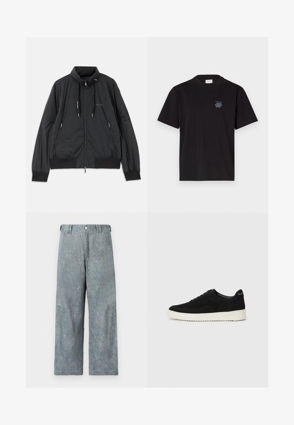 Černá lehká zipová bunda se stojáčkem, bočními kapsami na zip, stahovacími šnůrkami, žebrovanými manžetami a logem Armani Exchange na hrudi.; Černé bavlněné tričko s kulatým výstřihem a krátkými rukávy. Na levé části hrudi se nachází malé modré logo. Jednoduchý, rovně střižený design.; Světlé šedé džíny s širokými nohavicemi a texturovaným povrchem, s knoflíkovým zapínáním, poutky na opasek a mírně vybledlým vzhledem.; Černé semišové tenisky s krajkovým designem a kontrastní bílou gumovou podrážkou. Obsahují texturované boční panely a jemné branding na patě.