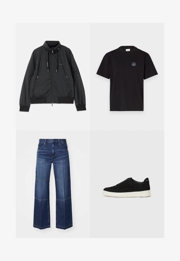 Schwarze, leichte, Reißverschlussjacke mit Stehkragen, Reißverschlusstaschen an den Seiten, Kordelzügen, gerippten Bündchen und Armani Exchange-Logo auf der Brust.; Schwarzes Baumwoll-T-Shirt mit Rundhalsausschnitt und kurzen Ärmeln. Mit einem kleinen blauen Logo auf der linken Brust. Einfaches, gerade geschnittenes Design.; Weite Jeans aus Denim in Dunkelblau, mit kontrastierenden Einsätzen, klassischem fünf Taschen-Design und traditionellen Nähdetails.; Schwarze Wildleder-Sneaker mit Schnürdesign und kontrastierender weißer Gummisohle. Verfügt über strukturierte Seitenpaneele und dezentes Branding an der Ferse.