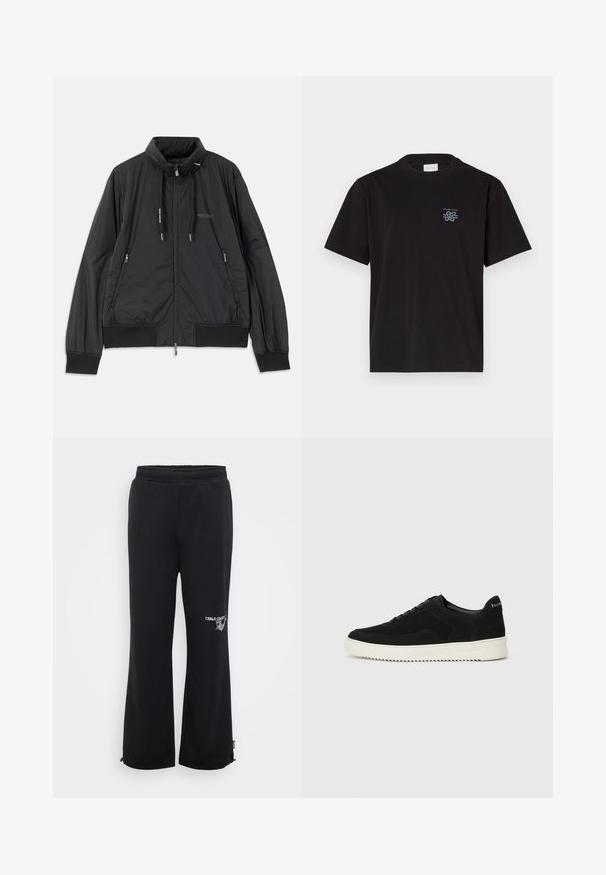 Mustmust mustrikk zip-up jakk, millel on seisev krae, tõmbluku külgtaskud, nöörid, soonikutega varrukad ning Armani Exchange logo rinnal.; Must mustaga T-särk, millel on ümar kaelus ja lühikesed varrukad. Vasakul rinnal on väike sinine logo. Lihtne, sirge lõikega disain.; Mustad mustad teksad, mis on lõdva istuvusega ja valmistatud pehmest kangast. Omab elastset vööd ja küljetaskuid, ühel jalal on logo.; Mustad suede jooksujalatsid, millel on paelad ja kontrastne valge kummitald. Omab tekstuuriga külgpaneele ja tagasihoidlikku brändimist kandadel.