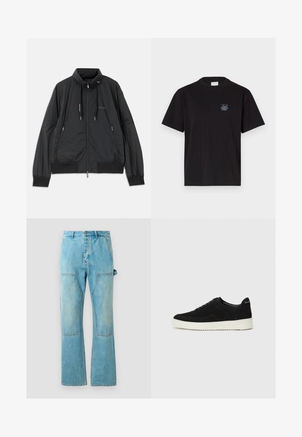 Black lightweight zip-up jacket with stand collar, zippered side pockets, drawstrings, ribbed cuffs, and Armani Exchange logo on chest.; Black cotton t-shirt with a crew neck and short sleeves. Features a small blue logo on the left chest. Simple, straight-cut design.; Light blue denim jeans with a flared leg, featuring contrasting patchwork panels, front pockets, and a button closure at the waist.; Black suede sneaker with lace-up design and contrasting white rubber sole. Features textured side panels and subtle branding on the heel.